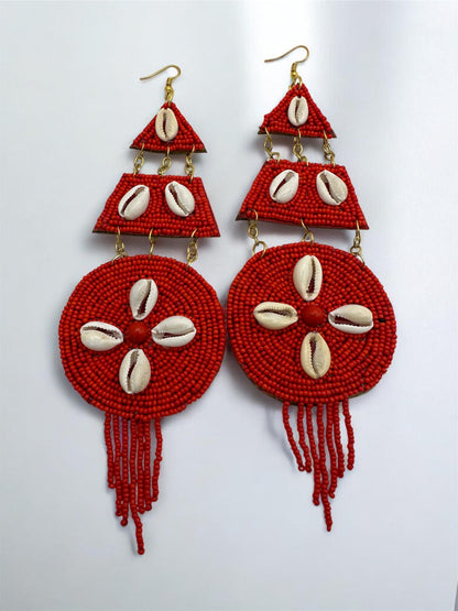 Red African Beaded Statement Earrings with Cowrie Shell – Long Tribal Drop