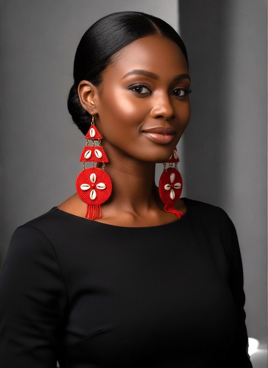 Red African Beaded Statement Earrings with Cowrie Shell – Long Tribal Drop