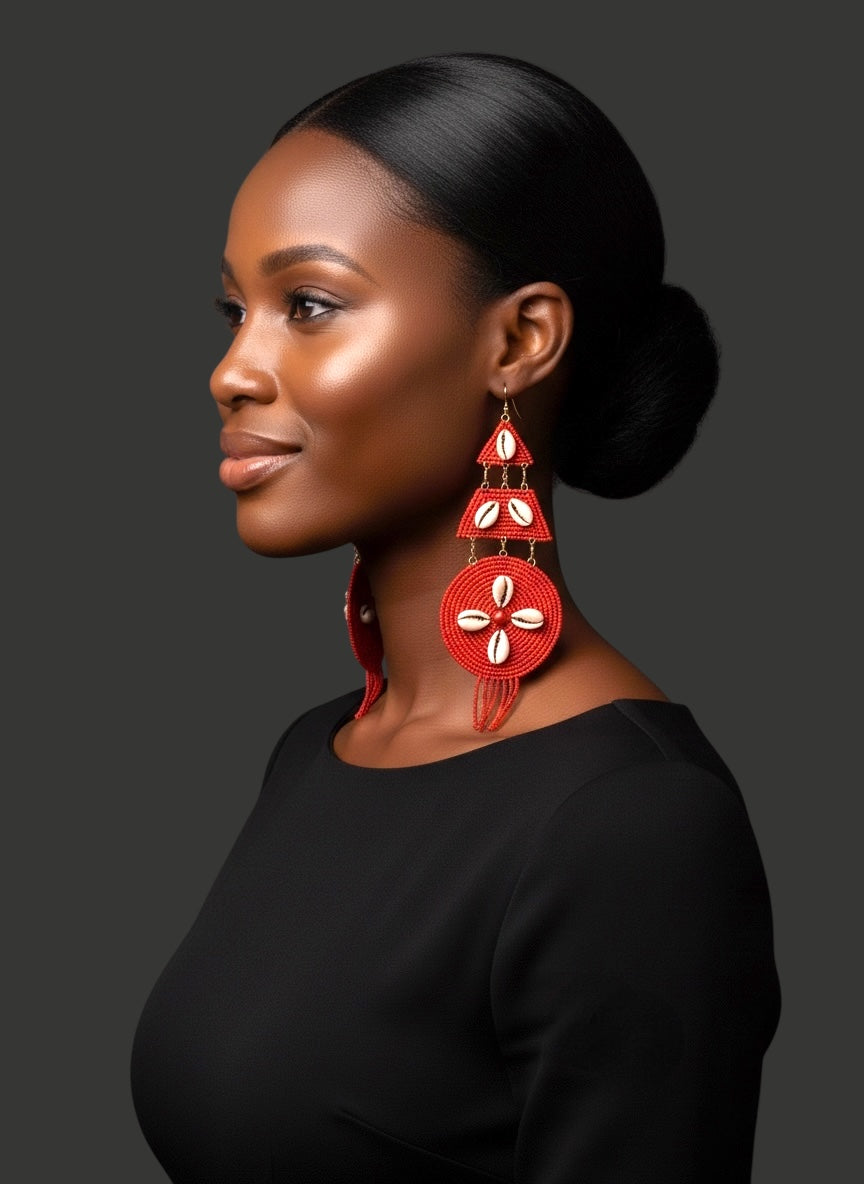Red African Beaded Statement Earrings with Cowrie Shell – Long Tribal Drop
