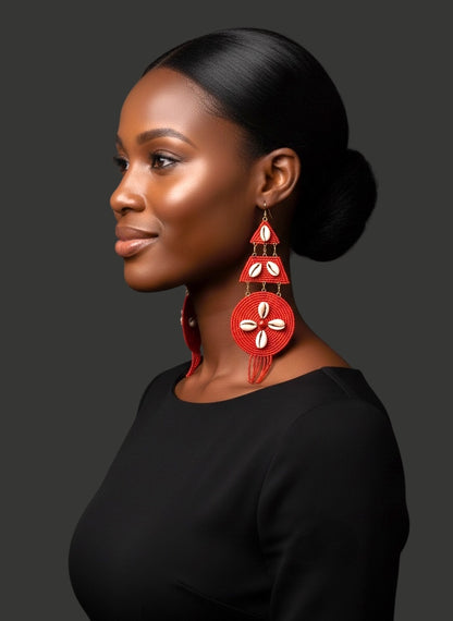 Red African Beaded Statement Earrings with Cowrie Shell – Long Tribal Drop