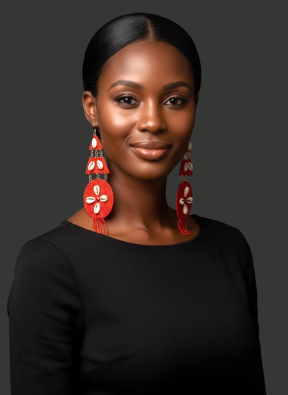 Red African Beaded Statement Earrings with Cowrie Shell – Long Tribal Drop