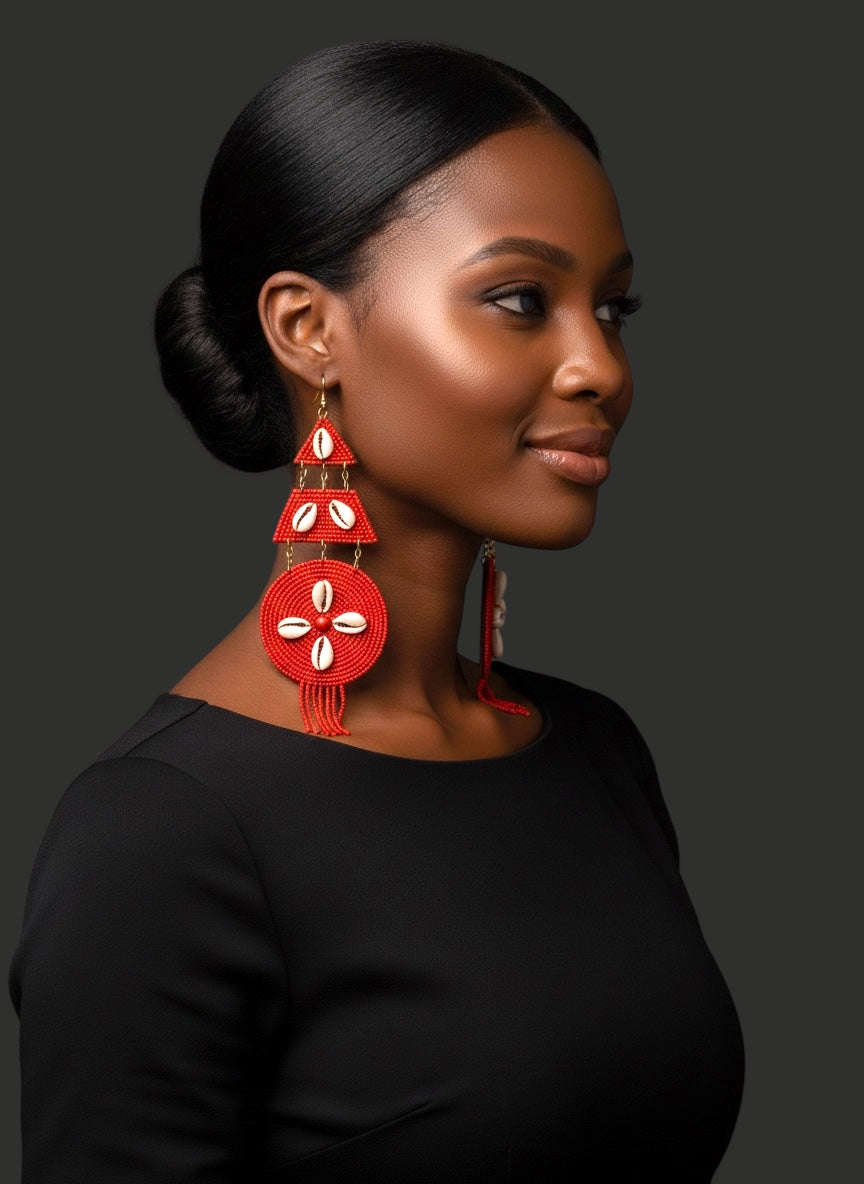 Red African Beaded Statement Earrings with Cowrie Shell – Long Tribal Drop