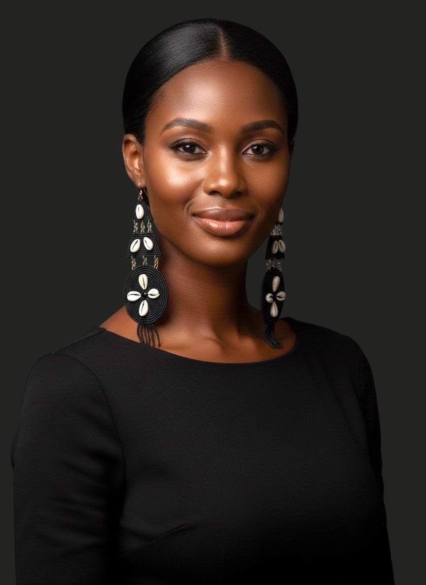 Handmade Black Beaded Cowrie Shell Earrings – Long African Statement Jewellery - Fatisha Boutique #