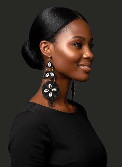 Handmade Black Beaded Cowrie Shell Earrings – Long African Statement Jewellery - Fatisha Boutique #