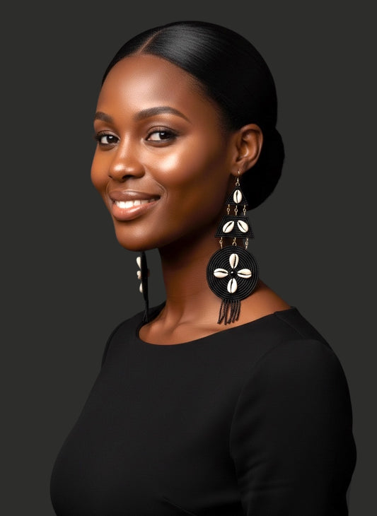 Handmade Black Beaded Cowrie Shell Earrings – Long African Statement Jewellery - Fatisha Boutique #