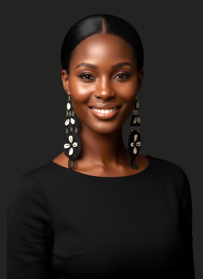 Handmade Black Beaded Cowrie Shell Earrings – Long African Statement Jewellery - Fatisha Boutique #