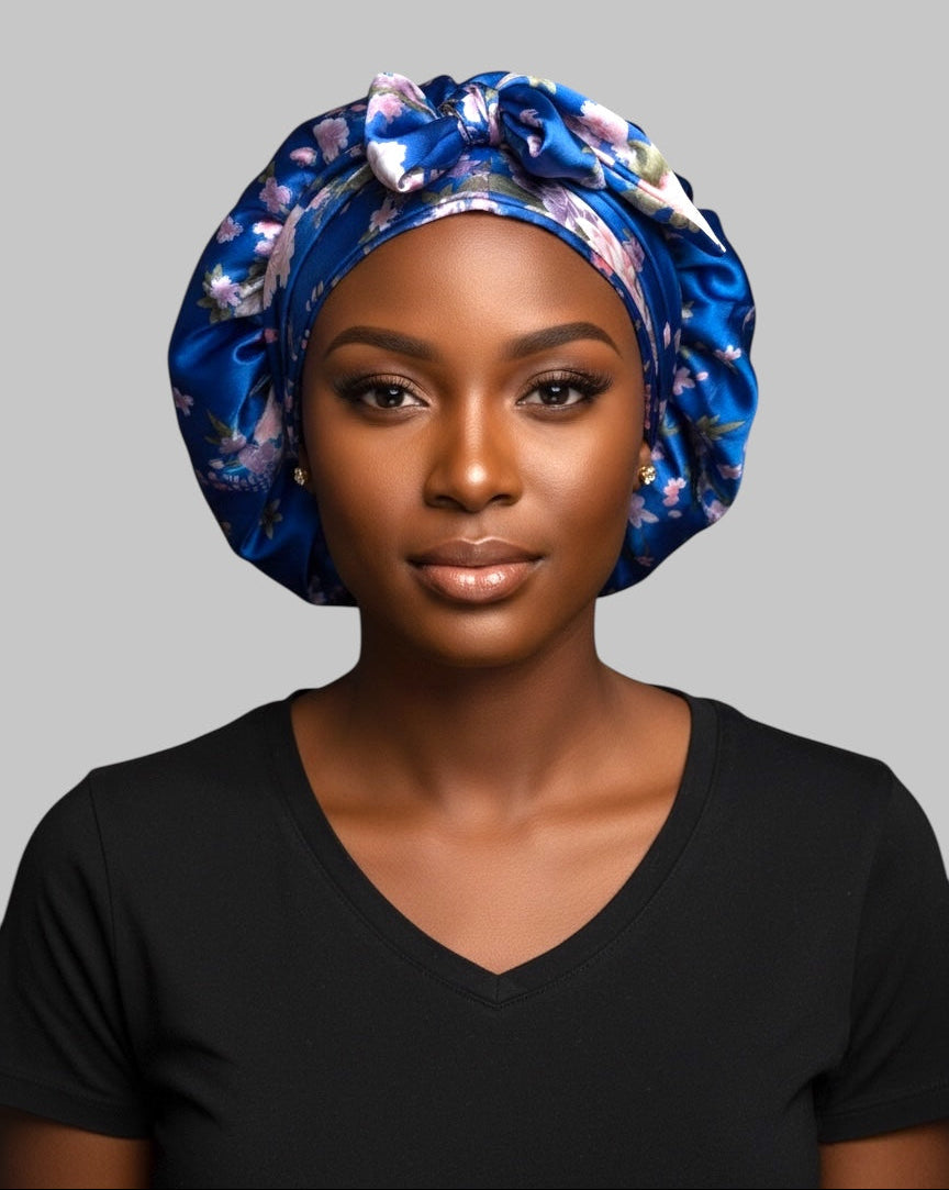 Luxury Blue Floral Satin Silk Bonnet with Long Ties – Adjustable Sleep Cap, Turban & Hair Wrap - Fatisha Boutique #