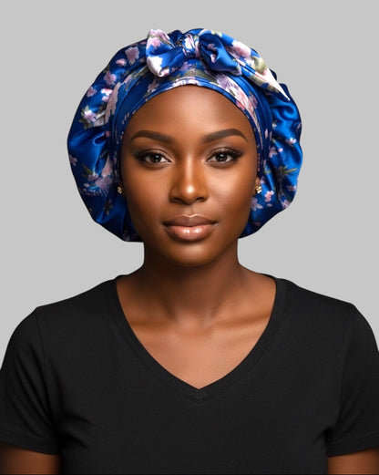 Luxury Blue Floral Satin Silk Bonnet with Long Ties – Adjustable Sleep Cap, Turban & Hair Wrap - Fatisha Boutique #