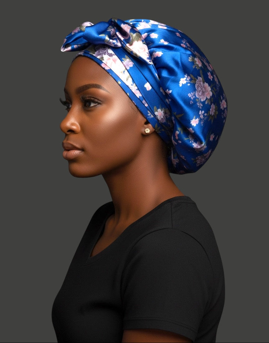 Luxury Blue Floral Satin Silk Bonnet with Long Ties – Adjustable Sleep Cap, Turban & Hair Wrap - Fatisha Boutique #