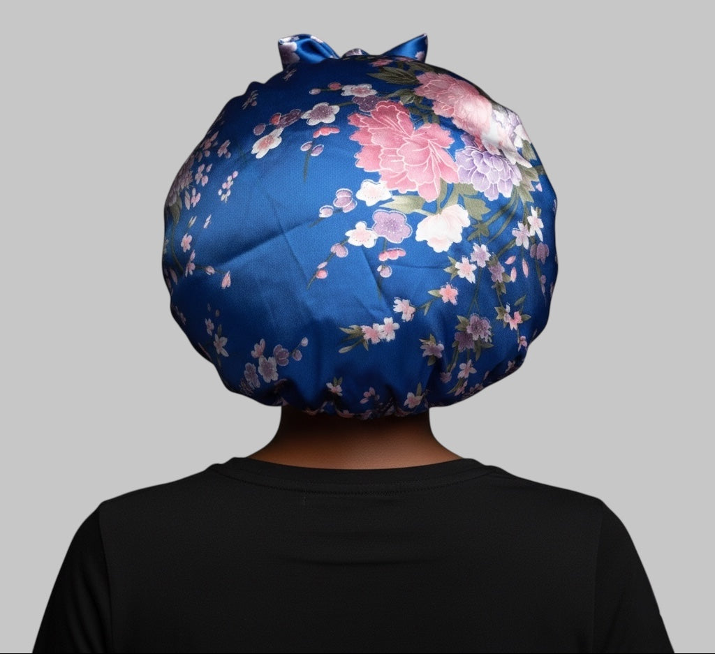 Luxury Blue Floral Satin Silk Bonnet with Long Ties – Adjustable Sleep Cap, Turban & Hair Wrap - Fatisha Boutique #