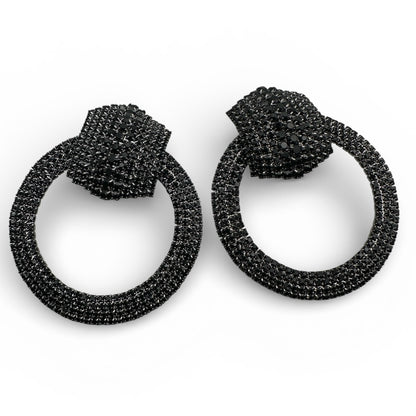 Black Rhinestone Statement Earrings – Luxury Oversized Crystal Hoop Glam Jewellery UK