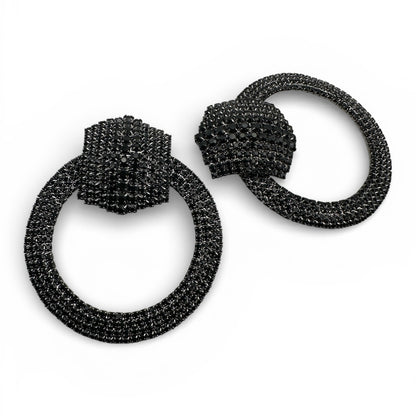 Black Rhinestone Statement Earrings – Luxury Oversized Crystal Hoop Glam Jewellery UK