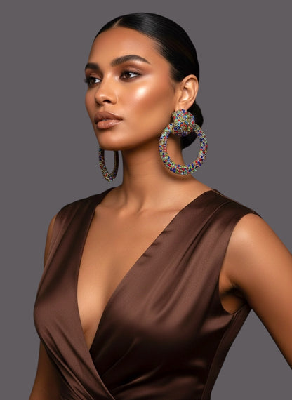 Multi-Colour Rhinestone Statement Earrings – Luxury Oversized Crystal Hoop Glam Jewellery UK