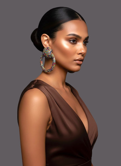 Multi-Colour Rhinestone Statement Earrings – Luxury Oversized Crystal Hoop Glam Jewellery UK