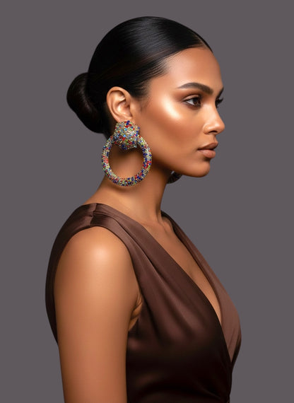 Multi-Colour Rhinestone Statement Earrings – Luxury Oversized Crystal Hoop Glam Jewellery UK