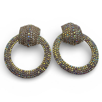 Champagne Gold AB Crystal Statement Earrings – Luxury Oversized Rhinestone Hoop Jewellery UK