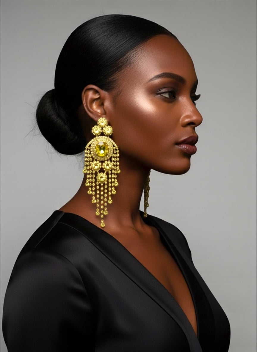 Bold Yellow Rhinestone Chandelier Earrings – Prom & Party Statement Jewellery UK - Fatisha Boutique #