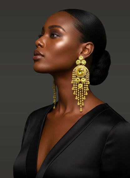 Bold Yellow Rhinestone Chandelier Earrings – Prom & Party Statement Jewellery UK - Fatisha Boutique #
