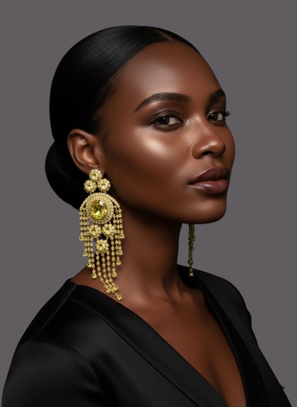Bold Yellow Rhinestone Chandelier Earrings – Prom & Party Statement Jewellery UK - Fatisha Boutique #