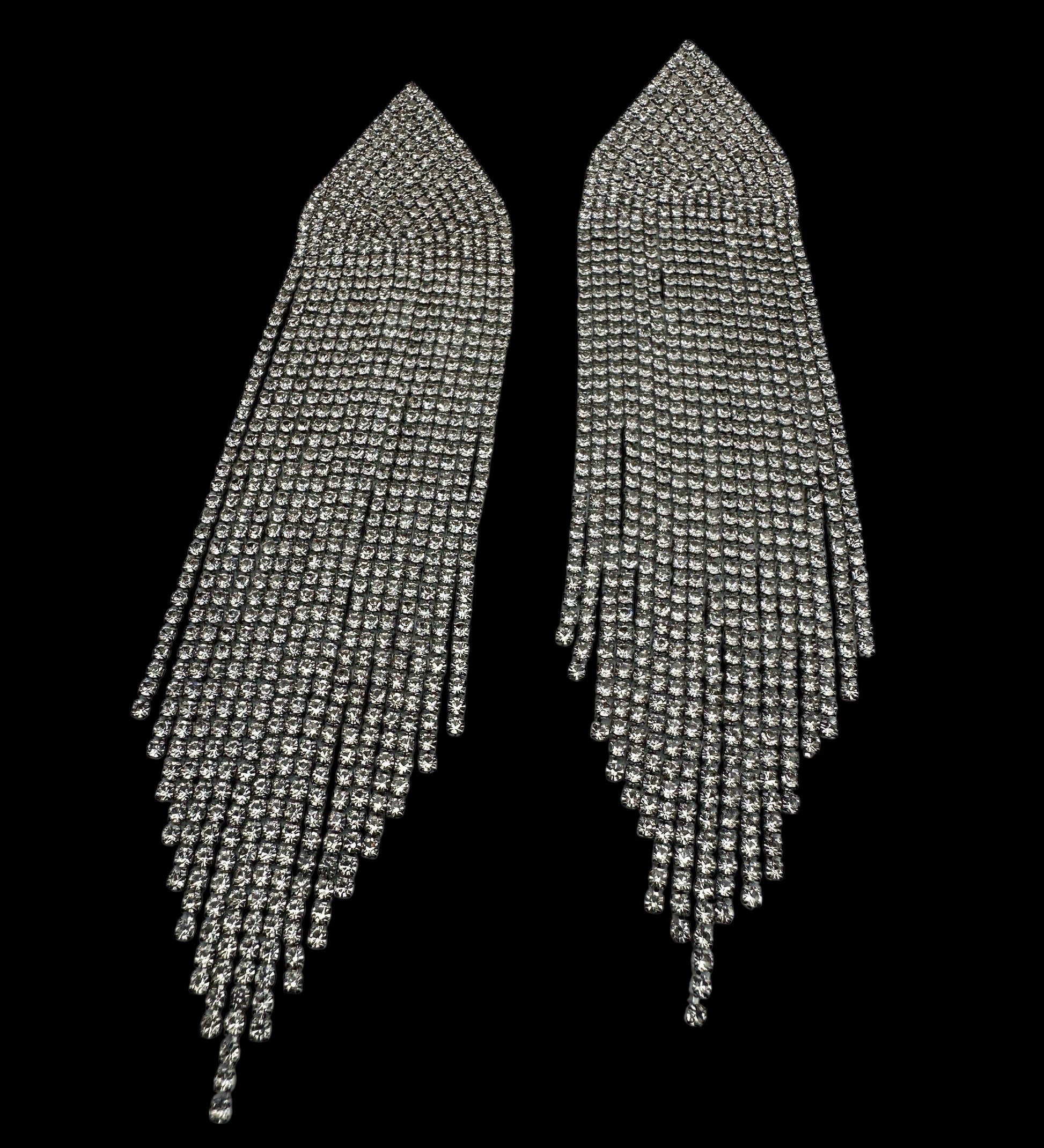 Long Silver Rhinestone Tassel Statement Earrings – Prom, Graduation & Red Carpet Glam Jewellery UK - Fatisha Boutique #