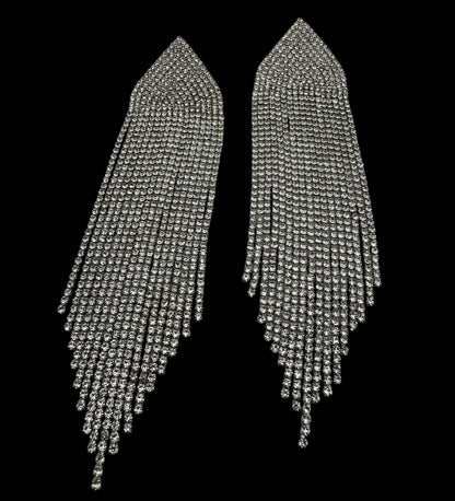 Long Silver Rhinestone Tassel Statement Earrings – Prom, Graduation & Red Carpet Glam Jewellery UK - Fatisha Boutique #