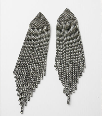 Long Silver Rhinestone Tassel Statement Earrings – Prom, Graduation & Red Carpet Glam Jewellery UK - Fatisha Boutique #