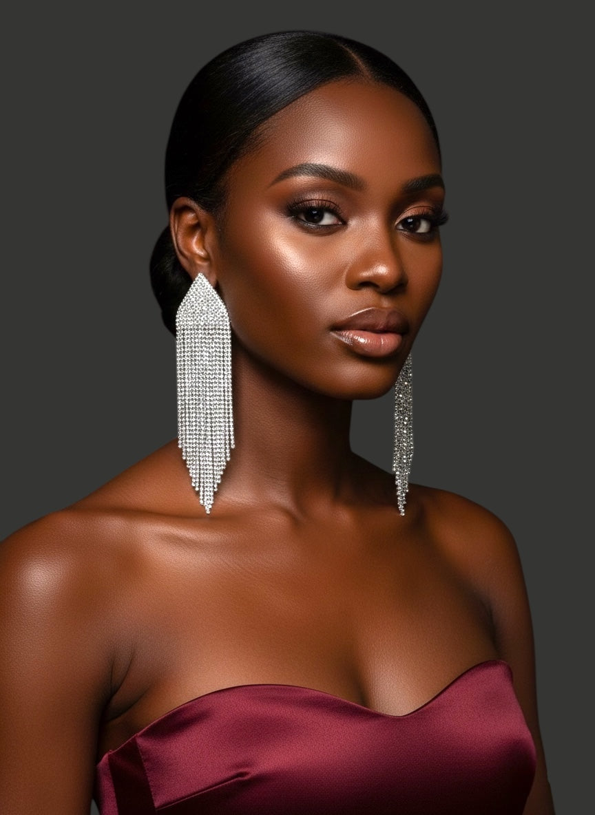 Long Silver Rhinestone Tassel Statement Earrings – Prom, Graduation & Red Carpet Glam Jewellery UK - Fatisha Boutique #