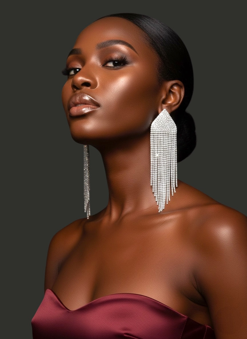 Long Silver Rhinestone Tassel Statement Earrings – Prom, Graduation & Red Carpet Glam Jewellery UK - Fatisha Boutique #