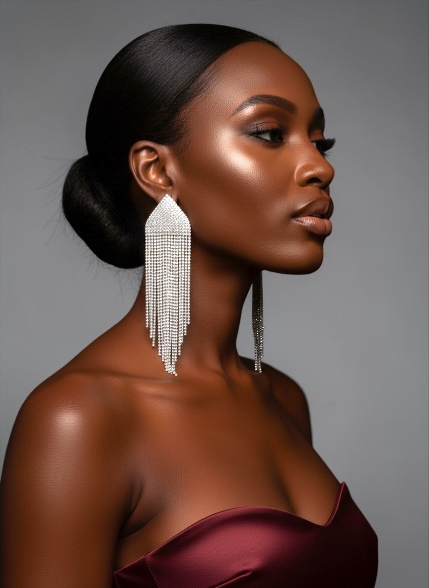 Long Silver Rhinestone Tassel Statement Earrings – Prom, Graduation & Red Carpet Glam Jewellery UK - Fatisha Boutique #
