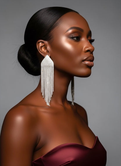 Long Silver Rhinestone Tassel Statement Earrings – Prom, Graduation & Red Carpet Glam Jewellery UK - Fatisha Boutique #