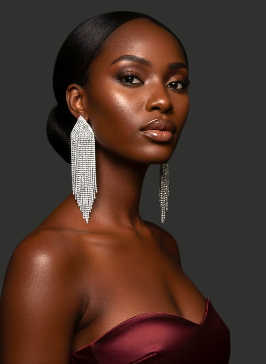 Long Silver Rhinestone Tassel Statement Earrings – Prom, Graduation & Red Carpet Glam Jewellery UK - Fatisha Boutique #
