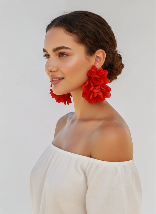 Orange Floral Statement Earrings – Large 10cm Summer Beach Holiday Party Jewellery UK