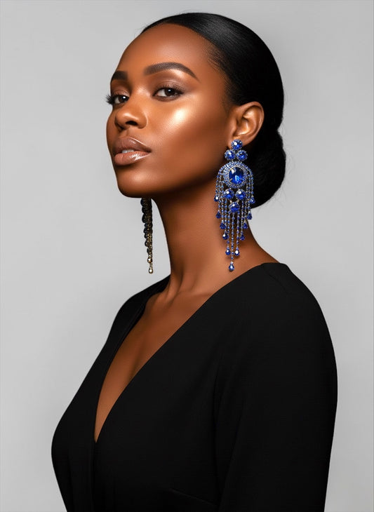 Royal Blue Rhinestone Tassel Statement Earrings – 14cm Prom, Graduation & Red Carpet Glam Jewellery UK