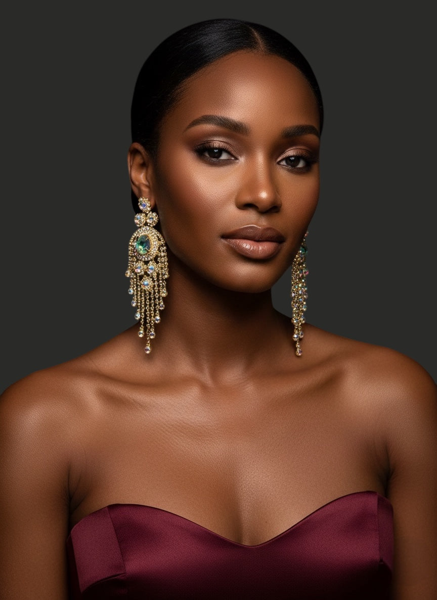 Aurora Crystal Rhinestone Tassel Statement Earrings – 14cm Wedding Guest, Prom & Red Carpet Glam Jewellery UK - Fatisha Boutique # Fatisha Boutique