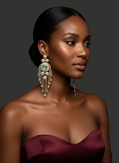 Aurora Crystal Rhinestone Tassel Statement Earrings – 14cm Wedding Guest, Prom & Red Carpet Glam Jewellery UK - Fatisha Boutique #