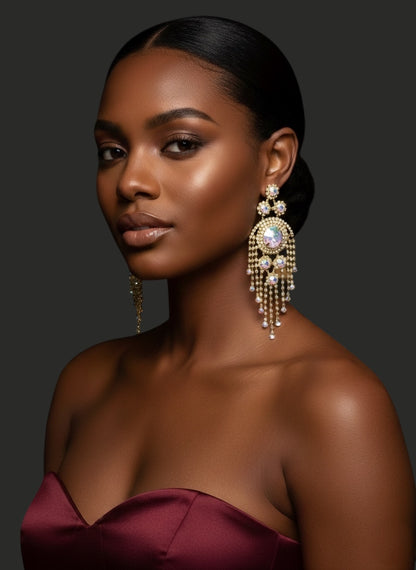 Aurora Crystal Rhinestone Tassel Statement Earrings – 14cm Wedding Guest, Prom & Red Carpet Glam Jewellery UK - Fatisha Boutique #