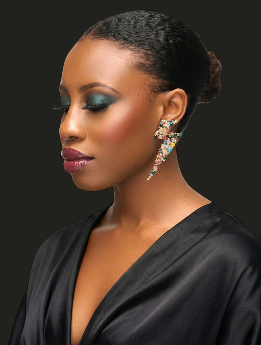 Rhinestone Lightning Bolt Statement Earrings – 9cm Party, Festival & Wedding Guest Glam Jewellery UK - Fatisha Boutique #
