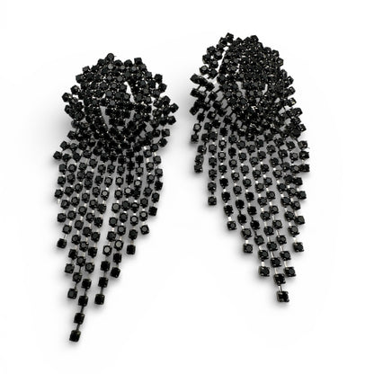 Black Rhinestone Tassel Drop Earrings – Statement Evening Earrings - Fatisha Boutique #