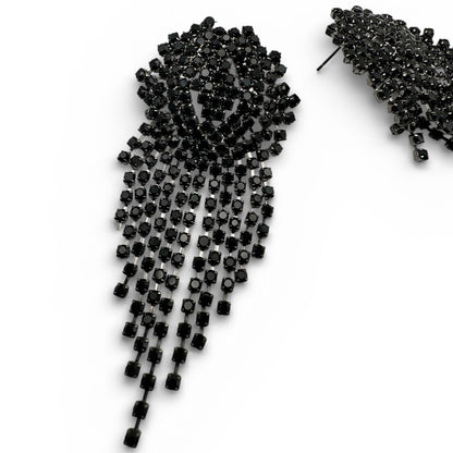 Black Rhinestone Tassel Drop Earrings – Statement Evening Earrings - Fatisha Boutique #