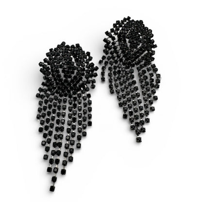 Black Rhinestone Tassel Drop Earrings – Statement Evening Earrings - Fatisha Boutique #