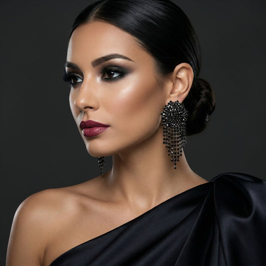 Black Rhinestone Tassel Drop Earrings – Statement Evening Earrings