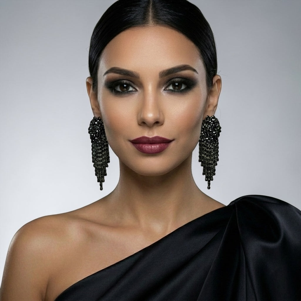 Black Rhinestone Tassel Drop Earrings – Statement Evening Earrings - Fatisha Boutique #