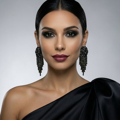 Black Rhinestone Tassel Drop Earrings – Statement Evening Earrings - Fatisha Boutique #