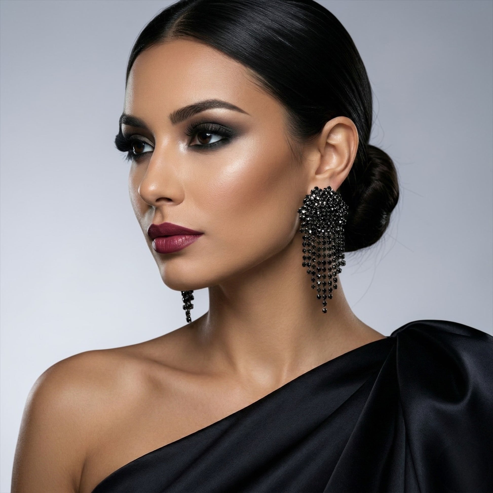 Black Rhinestone Tassel Drop Earrings – Statement Evening Earrings - Fatisha Boutique #