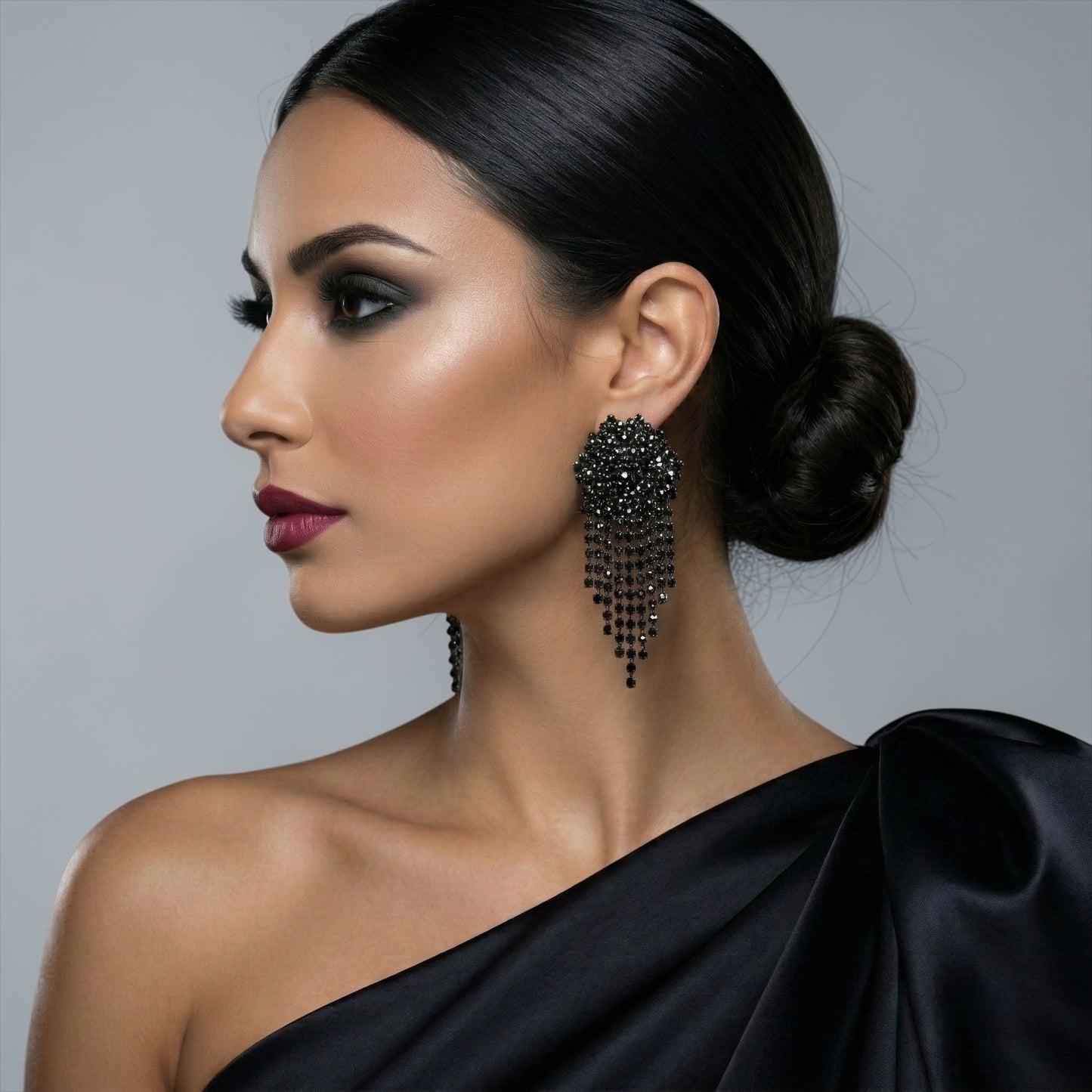 Black Rhinestone Tassel Drop Earrings – Statement Evening Earrings - Fatisha Boutique #