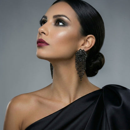 Black Rhinestone Tassel Drop Earrings – Statement Evening Earrings - Fatisha Boutique #