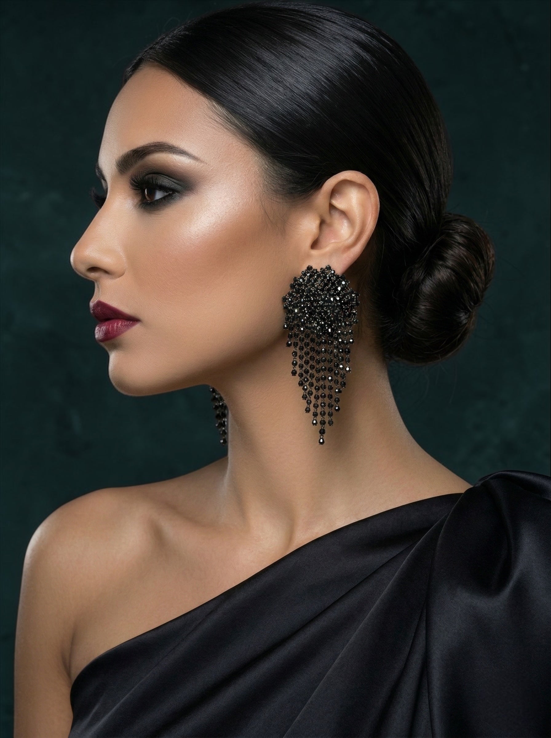 Black Rhinestone Tassel Drop Earrings – Statement Evening Earrings - Fatisha Boutique #