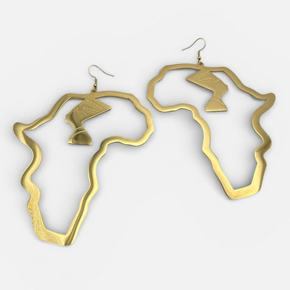 Oversized Gold Africa Map Earrings with Queen Profile – Stainless Steel Afrocentric Statement Jewellery - Fatisha Boutique #