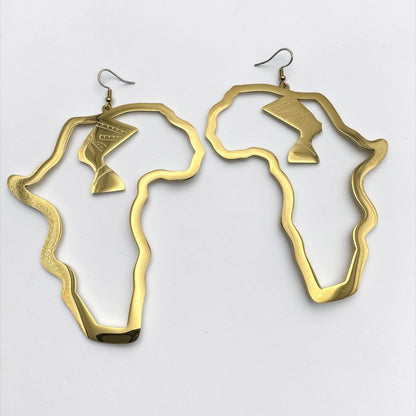 Oversized Gold Africa Map Earrings with Queen Profile – Stainless Steel Afrocentric Statement Jewellery - Fatisha Boutique #