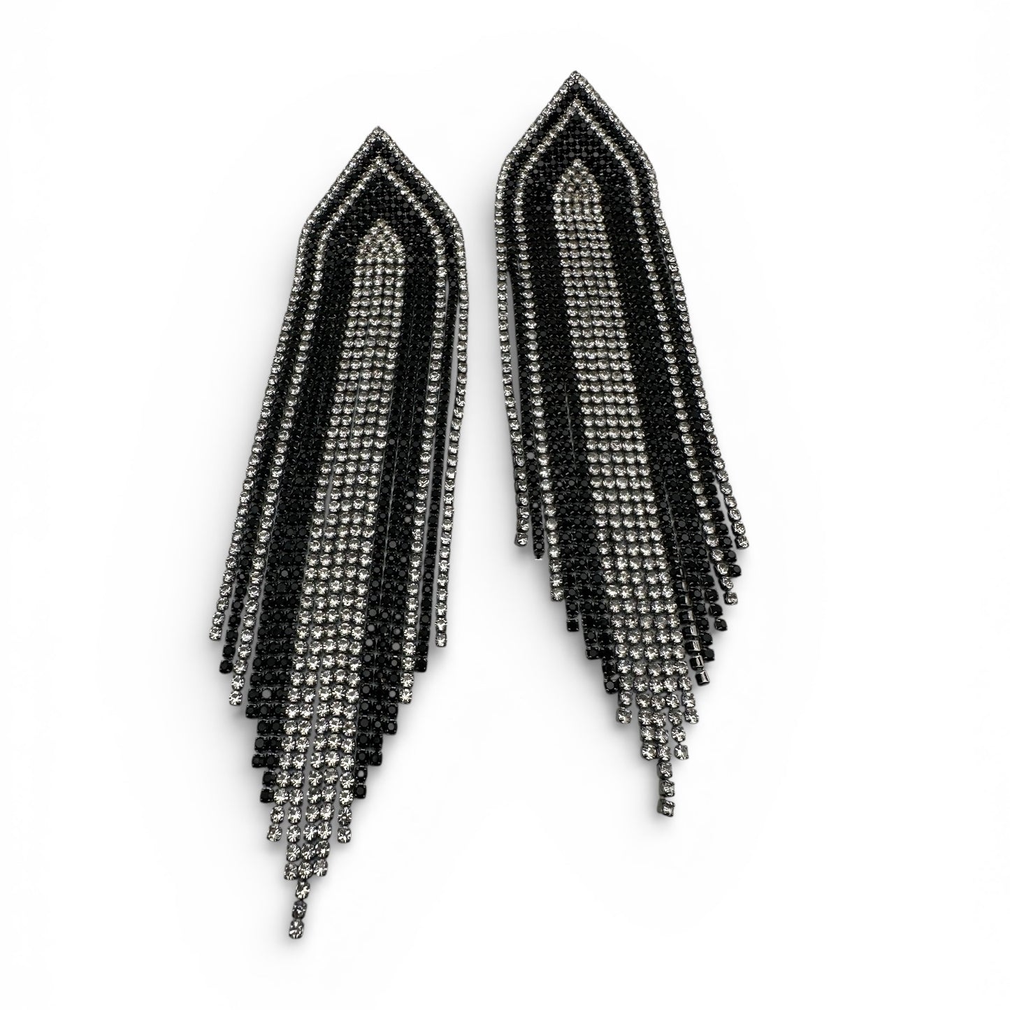 Black & Silver Rhinestone Fringe Statement Earrings – Long Glamorous Dangle Crystal Drop Earrings